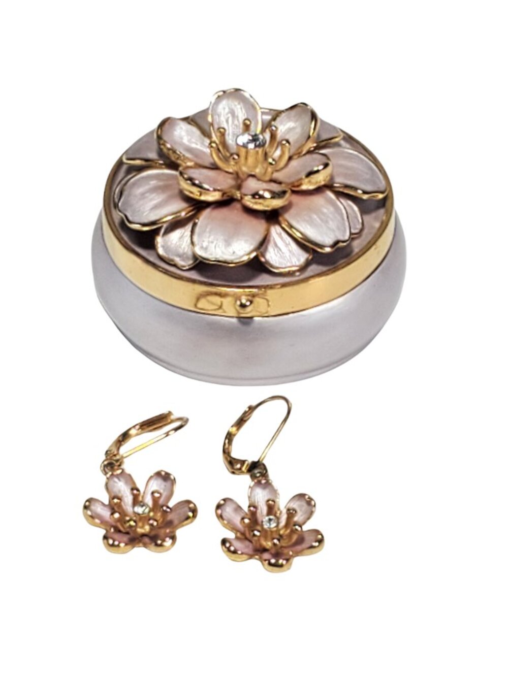 Joan Rivers Floral Trinket Box with Matching Earrings – Gold Tone & Pearlized